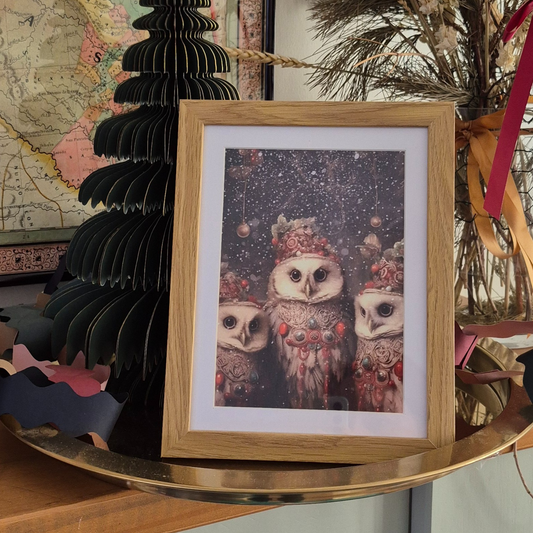 Vintage Christmas Owls Framed Art Print 7" x 9"